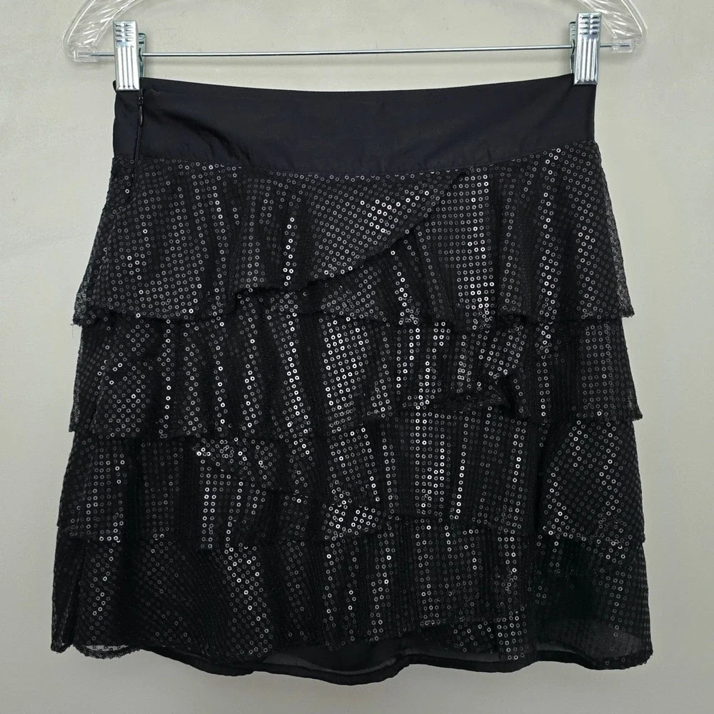 XXI Black Sequin Ruffle Tiered Mini Skirt‎ Party Club Womens Medium